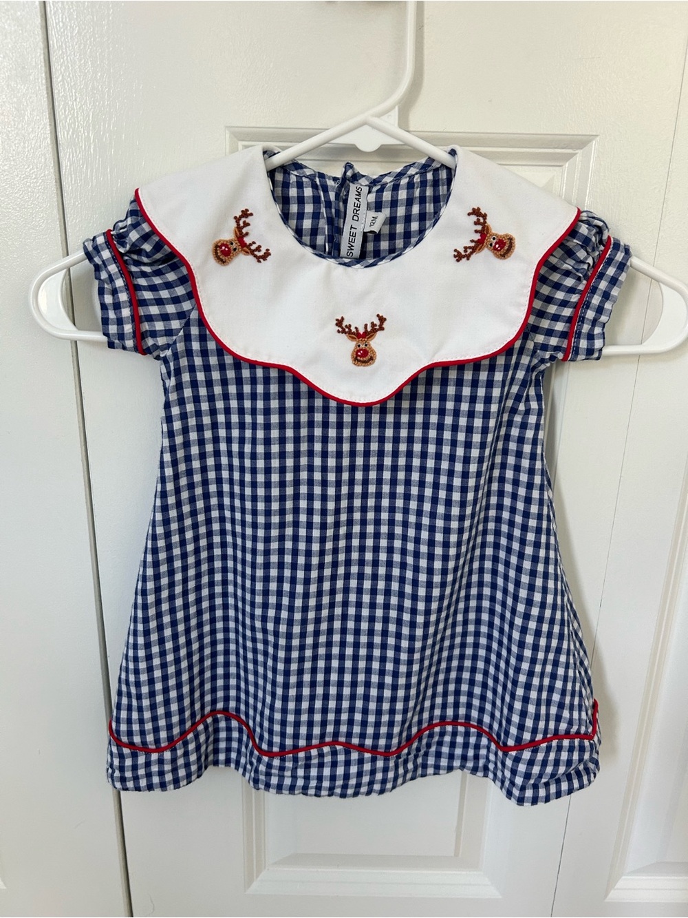 Sweet Dreams Blue & White Gingham Collared Dress embroidered reindeer size 12 mo